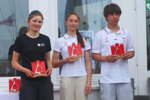 Die drei Gewinner in der Bootsklasse ILCA 4 bei der Siegerehrung
